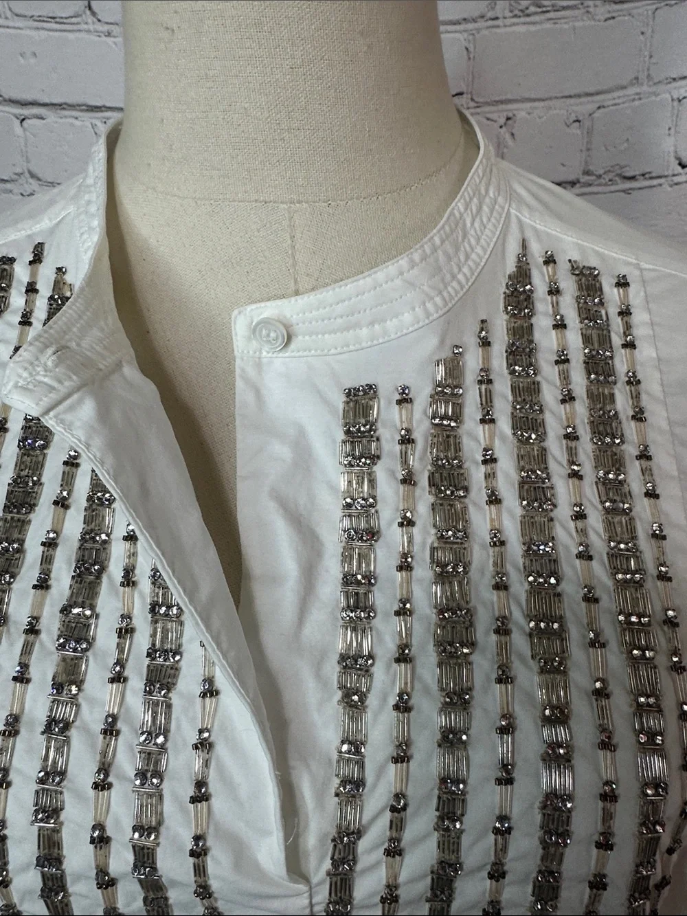 Paule Ka Paris White Beaded Embellished Tunic Blouse Cotton Size 44 US 12